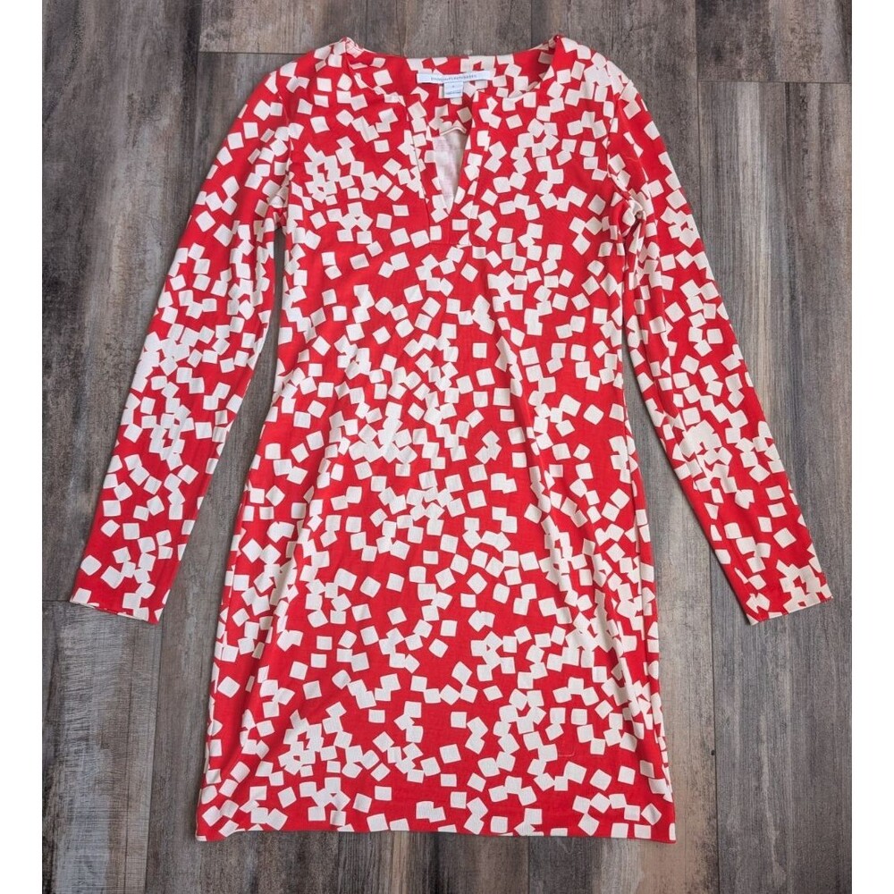 Diane Von Furstenberg Jeanne Reina Shift Dress Size 2 Red & White 100% Silk